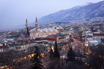 Fototapeta premium Historical Grand Mosque (Ulucami), Uludag and night city view.