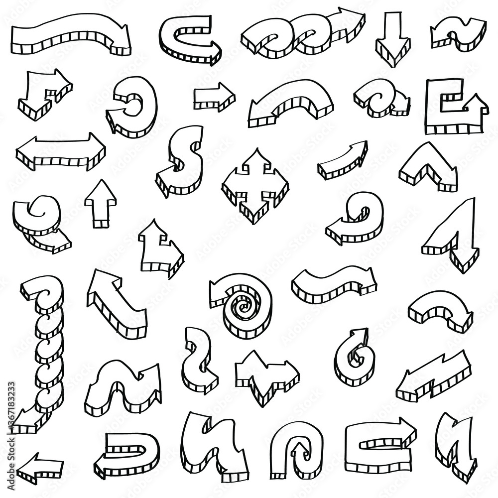 Poster abstract set black collection hand drawn different arrows elements vector design sketch style doodle