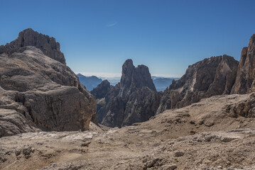 Pale di San Martino mountain group summits from L to R,  Cima Canali, Cimerlo, Sass Maor, Cima della Madonna, as seen from Pradidali Basso pass, at the foot of Fradusta glacier, Dolomites, Italy.