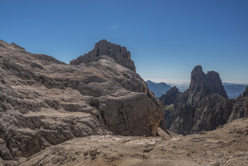 Pale di San Martino mountain group summits from L to R,  Cima Canali, Cimerlo, Sass Maor, Cima della Madonna, as seen from Pradidali Basso pass, at the foot of Fradusta glacier, Dolomites, Italy.