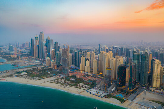 Aerial view of Marina skyscrapers in Dubai during sunset