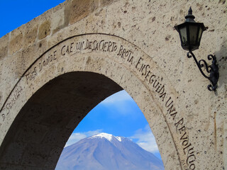 View of Misti Volcano through an arch in the Yanahuara district in Arequipa