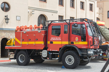 Barcelona, Spain; August 15, 2018: Big red truck of firefighters parked in Barcelona city