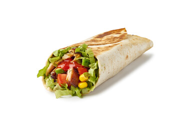 Tortilla wrap with vegetables and fried chicken meat on white