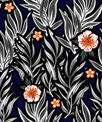 Bright tropical casting pattern and flowers on dark blue background.