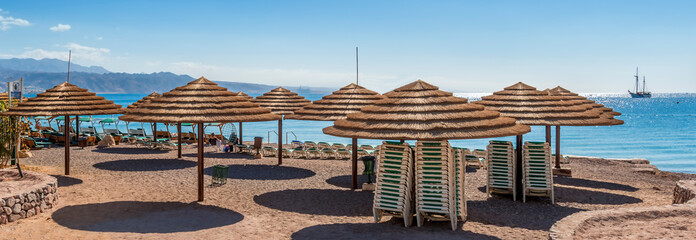 Relaxing sunny beach for all the family in Eilat - famous tourist resort and recreation city in...