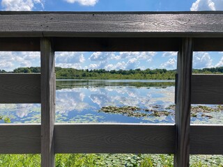 Wooden Viewing Window Framing Reflection of Blue Sky and White Clouds in Glacial Kettle Lake with lily pads, water lilies, and trees on the horizon