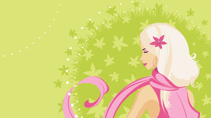 Blonde girl with pink scarf on color background with flowers. Copy space.