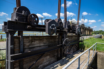 Old hydroelectric station. The flow of water. Ukraine.