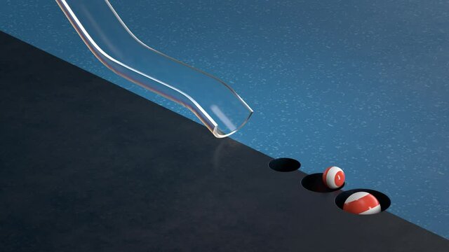 3d render of striped white and orange balls falling into holes. Loopable sequence. Abstract background with blue gamma.