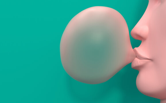 A pink mannequin with a female face inflates a bubble of chewing gum. Pink bubble gum on a turquoise background. Creative conceptual illustration with copy space. 3D render.