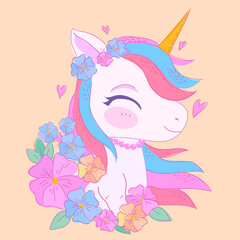 Hand Drawn Floral Happy Unicorn, Vector Illustration.