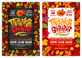 Set of flyers or posters vector templates for Thanksgiving. Black chalkboard and red background with autumn leaves frame. Cheerful turkey, calligraphic inscription Thanksgiving and space for your text