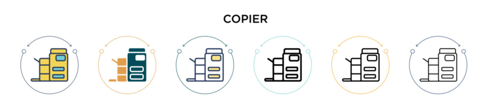 Copier icon in filled, thin line, outline and stroke style. Vector illustration of two colored and black copier vector icons designs can be used for mobile, ui, web