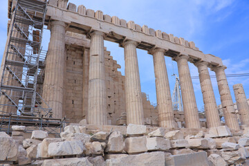 Parthenon of Athens detail on Acropolis Hill in Greece