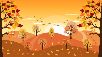 Panoramic of Countryside landscape in autumn with fallen leaves on the grass, Vector illustration of horizontal banner of autumn landscape mountains and maple trees with yellow foliage in fall season.