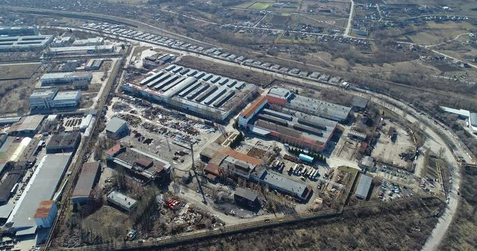 Industrial exterior of a factory. Aerial view of a large factory.