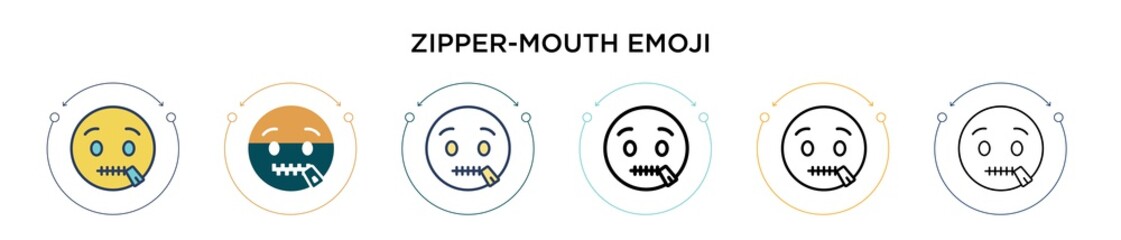Zipper-mouth emoji icon in filled, thin line, outline and stroke style. Vector illustration of two colored and black zipper-mouth emoji vector icons designs can be used for mobile, ui, web