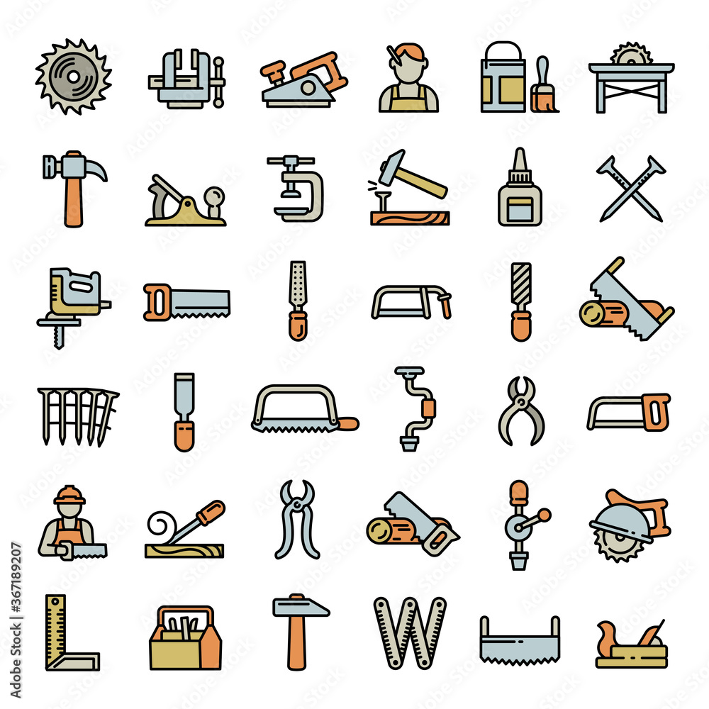 Poster carpenter icons set. outline set of carpenter vector icons for web design isolated on white backgrou