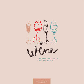 Wine glass drawings for lettering bar emblem and wine label design. Vector draft — four wine glasses. Pencil texture for bio winery icon, wine tasting course, wines menu card on light pink background