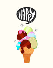 Vector illustration with ice cream. Summer time concept.