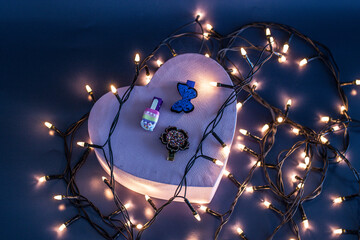 set of gifts for the new year close-up on the background of a garland