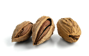 Inshell almonds isolated on a white background. Selected dried inshell almonds.