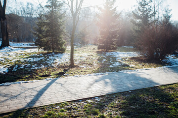 Nested pavers of various colors, around the grass is green, chic garden