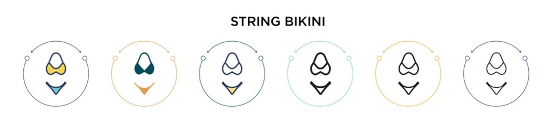 String bikini icon in filled, thin line, outline and stroke style. Vector illustration of two colored and black string bikini vector icons designs can be used for mobile, ui, web
