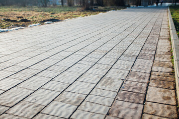 Nested pavers of various colors, around the grass is green, chic garden
