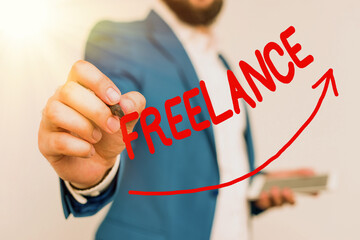 Writing note showing Freelance. Business concept for an individual who pursues a profession without a longterm commitment Digital arrowhead curve denoting growth development concept