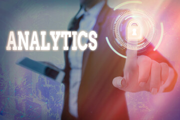 Text sign showing Analytics. Business photo text method of logical analysis of income, profits, losses, etc. Graphics padlock for web data information security application system
