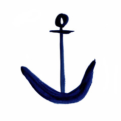 Blue Watercolor sketch anchor. Abstract drawing by hand.  Sea symbol.  Postcard, textile monochrome design element.