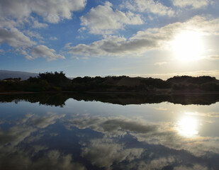 Beautiful sunrise from the lagoon, Charca de Maspalomas, Gran Canaria, Canary Islands, Spain