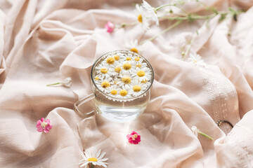 Tender floral aesthetic. Daisy flowers in water in glass cup on background of soft beige fabric with wildflowers and jewelry. Creative summer image with space for text. Bohemian mood