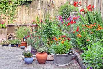 Ornamental garden with colorful plants in flowerbed and wooden table