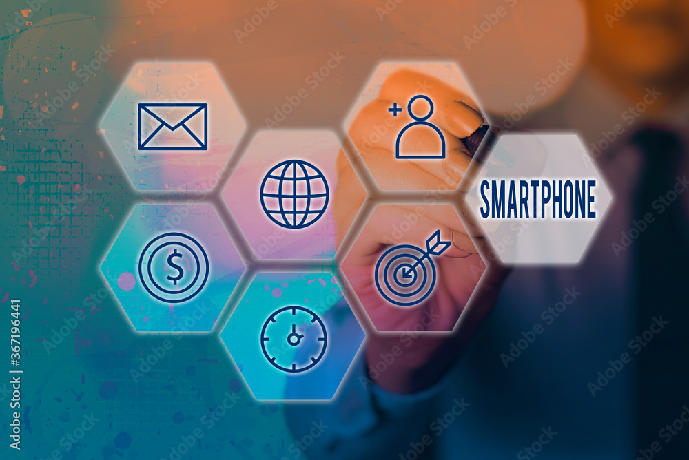 Poster conceptual hand writing showing smartphone. concept meaning the mobile phone that performs many of t