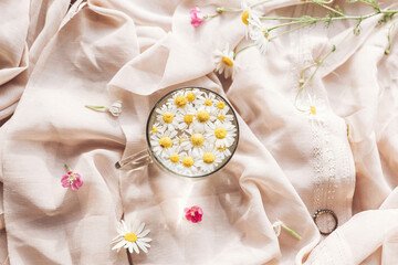 Tender floral aesthetic. Daisy flowers in water in glass cup on background of soft beige fabric with wildflowers and jewelry. Creative summer image, flat lay. Bohemian mood