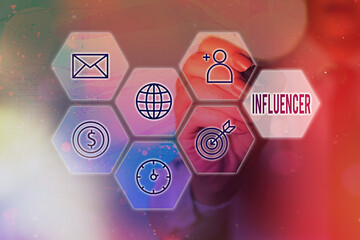 Conceptual hand writing showing Influencer. Concept meaning the an individual who inspires or...