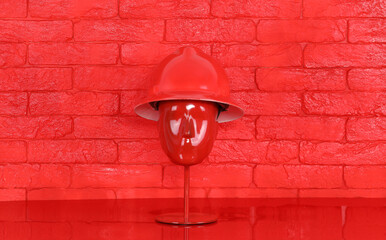 red fireman helmet on red table, red brick wall background