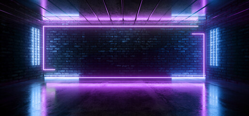 Retro Futuristic Neon Cyber Laser Fluorescent Blue Purple Tube Lights Glowing On Old Club Night Dance Grunge Brick Wall Cement Concrete Floor Garage Underground Background 3D Rendering