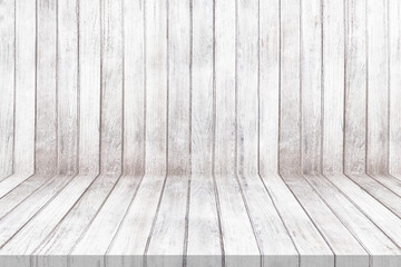 Old white wood wall panel pattern. Old white wooden floor texture for background. Empty of room.