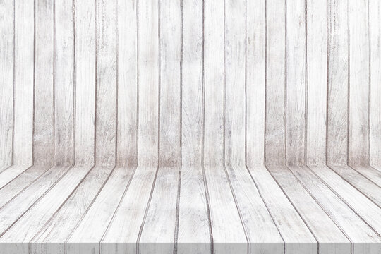 Old White Wood Wall Panel Pattern. Old White Wooden Floor Texture For Background. Empty Of Room.