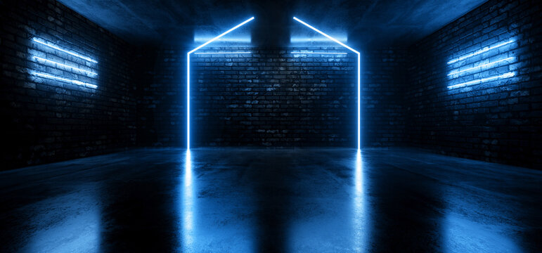 Retro Futuristic Neon Cyber Laser Fluorescent Blue Arc Stage Tube Lights Glowing On Old Club Night Dance Grunge Brick Wall Cement Concrete Floor Garage Underground Background 3D Rendering