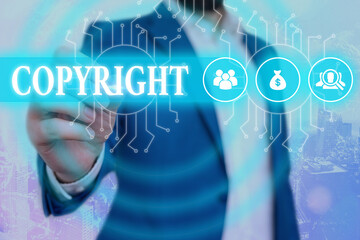 Text sign showing Copyright. Business photo showcasing exclusive legal right to reproduce, publish,...
