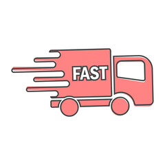 The car is going at high speed, vector icon. A symbol of  fast delivery of cargo by a logistics company.  Business illustration car free fast delivery cartoon style on white isolated background.