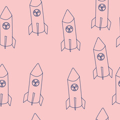 nuclear missile doodle. Vector drawing blue line. Seamless pattern.