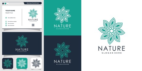 Fototapeta na wymiar Natural logo with line art style and business card design template, fresh, line art, flower, leaf, abstract, Premium Vector