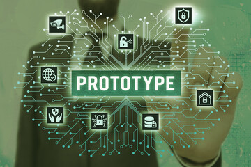 Writing note showing Prototype. Business concept for first and usually functional form of a new...