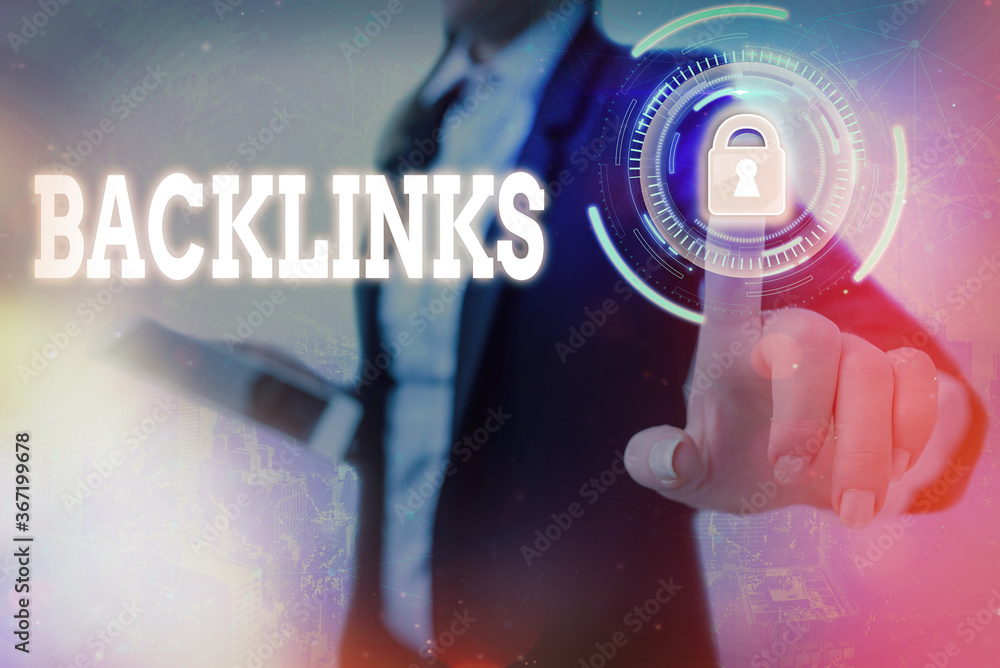 Poster Text sign showing Backlinks. Business photo text links from one website to a page on another website or page Graphics padlock for web data information security application system
